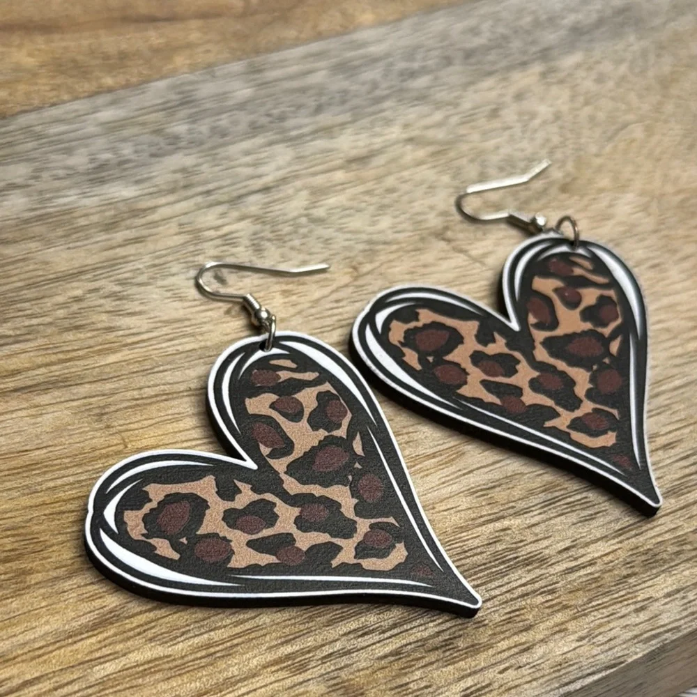 Leopard Print Heart Wooden Earrings NWOT